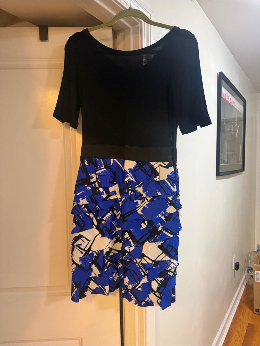 The Limited Black Top with Blue & White Abstract Tiered Skirt